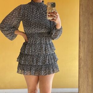 Express Black & White Smocked Waist Tiered Ruffle Mini Dress